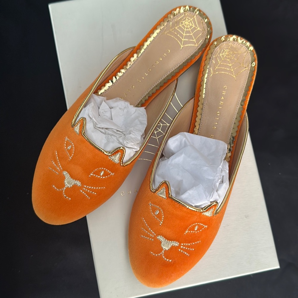 Charlotte Olympia Velvet Orange Kitty Slipper Size 7.5 (38) Brand New